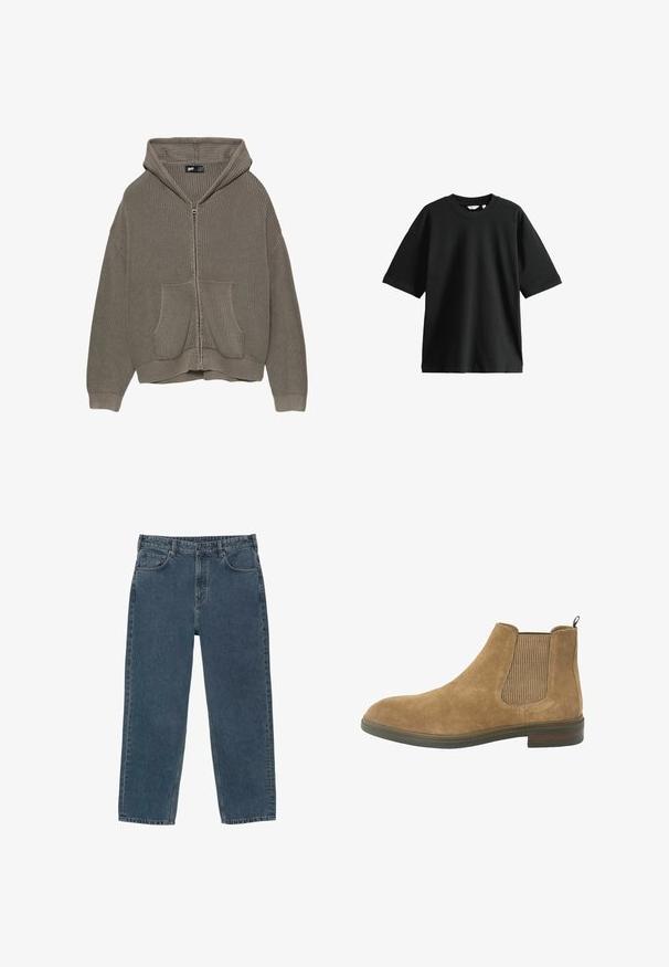 Nadvlečena zip-up dukserica v olivno zeleni barvi iz rebraste pletenine, s sprednjimi žepi, teksturirano tkanino ter obrobami na robovih in manšetah.; Črna kratka majica s kratkimi rokavi, izdelana iz bombaža, z okroglim izrezom in sproščenim krojem, mehke teksture in minimalnimi detajli.; Temno modri kavbojasti jeans ravnih hlačnic z sprednjimi žepi, zankami za pas in gumbom za zapiranje.; Suede Chelsea škornji v svetlo rjavi barvi z elastičnimi stranskimi ploščami, zaobljenim prstom in zanka za pomoč pri natikanju; trdna gumijasta podplat in teksturirane tkanine.