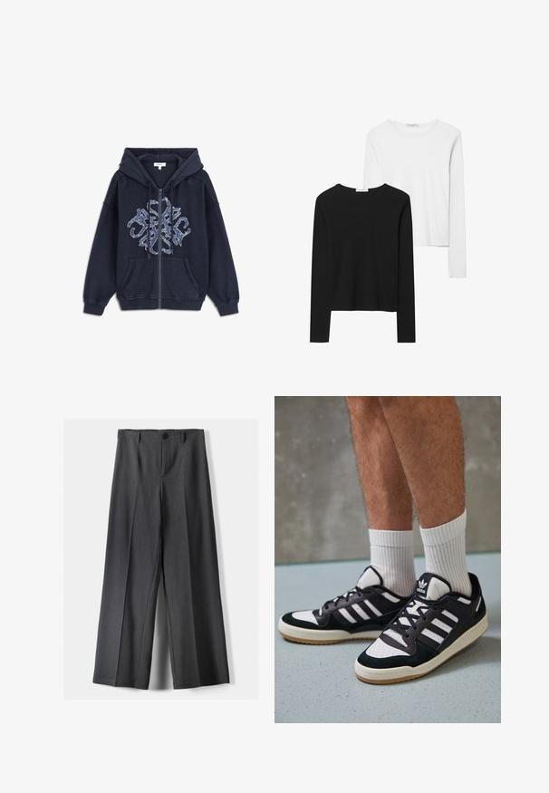 Marinefarbener Zip-Hoodie mit einem vintage Design, ausgestattet mit einem großen hellblauen gestickten Muster auf der Vorderseite und zwei Fronttaschen.; Schwarz-weiß gestreifte Langarmshirts mit Rundhalsausschnitten, weichem Stoff und einer taillierten Passform mit geraden Säumen.; Weite Beinhosen aus dunkelgrauem Stoff mit Knopfverschluss, vorderen Falten und Gürtelschlaufen. Glatte Textur mit maßgeschneidertem Design.; Schwarz-weiße Sneaker mit einem Obermaterial aus Wildleder und Leder, ausgestattet mit drei weißen Streifen, einer perforierten Zehenpartie und einer Sohle aus Gummi.