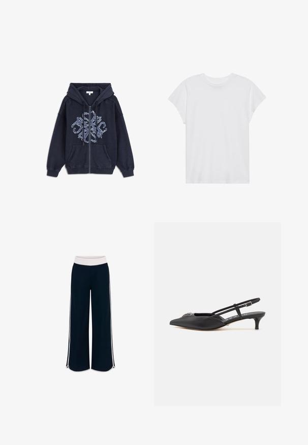 Marineblauwe rits hoodie met een versleten design, voorzien van een groot lichtblauw geborduurd patroon aan de voorkant en twee zakken aan de voorkant.; Witte t-shirt met korte mouwen, ronde hals, relaxte pasvorm, gemaakt van zacht katoen. Glad textuur, geen patronen of logo's.; Marineblauwe wijde broek met een witte elastische tailleband en contrasterende zijstrepen. Soepele textuur met een losse pasvorm en zijsplitten aan de zoom.; Zwarte slingback schoenen met een puntige neus, gemaakt van glad materiaal, met een kleine hak en een decoratieve zilverkleurige accent op de wreef.
