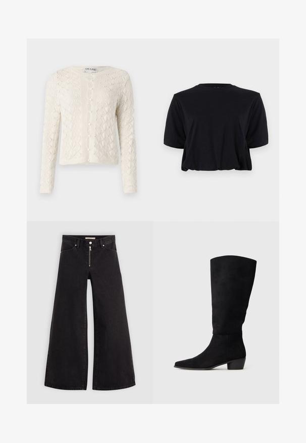 Gaišas krēms kardigāns ar struktūru zigzaga raksts, apaļa kakla izgriezums un seši pogas priekšā. Garas piedurknes un ribota apmale.; Melnas izgriezta kokvilnas t-krekls ar īsām piedurknēm un apaļu kakla izgriezumu, ar tīru, bezšuvju dizainu un maigu tekstūru.; Platas kājas džinsi melnā džinsa audumā ar rāvējslēdzēju priekšā, piecu kabatu dizains un smalkas šuvju detaļas. Gluda tekstūra un ikdienišķs stils.; Melnas zamšādas ceļgalu augstas zābaki ar zemu blokveida papēdi un smailu purngalu, attēloti sānu skatījumā uz vienkārša gaiši pelēka fona.