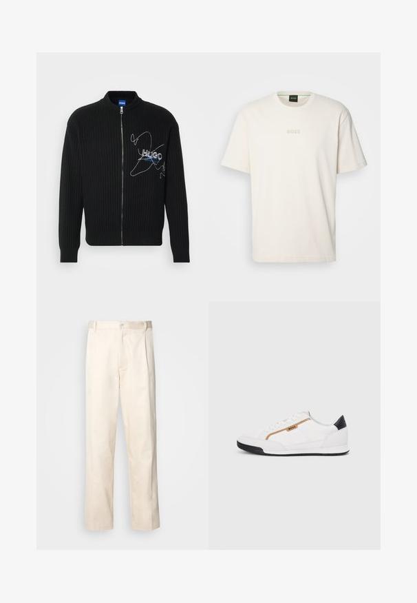 Juodas megztinis su aukštu apykakle, visiškai užtraukiamas, su reljefiniu tekstūru ir sidabriniu HUGO logotipo siuvinėjimu kairėje krūtinės pusėje.; BOSS TEE - Paprasti marškinėliai - open white; Bežinės medvilninės kelnės su tiesiu kirpimu, turinčios mygtuko uždarymą ir priekyje raukšles papildomai dekoratyviam akcentui.; Balti sportiniai bateliai su tinklinėmis ir odinėmis detalėmis. Yra auksinė "BOSS" logotipas, tekstūruoti šonai ir juodas kulno dangtelis. Guminis padas.