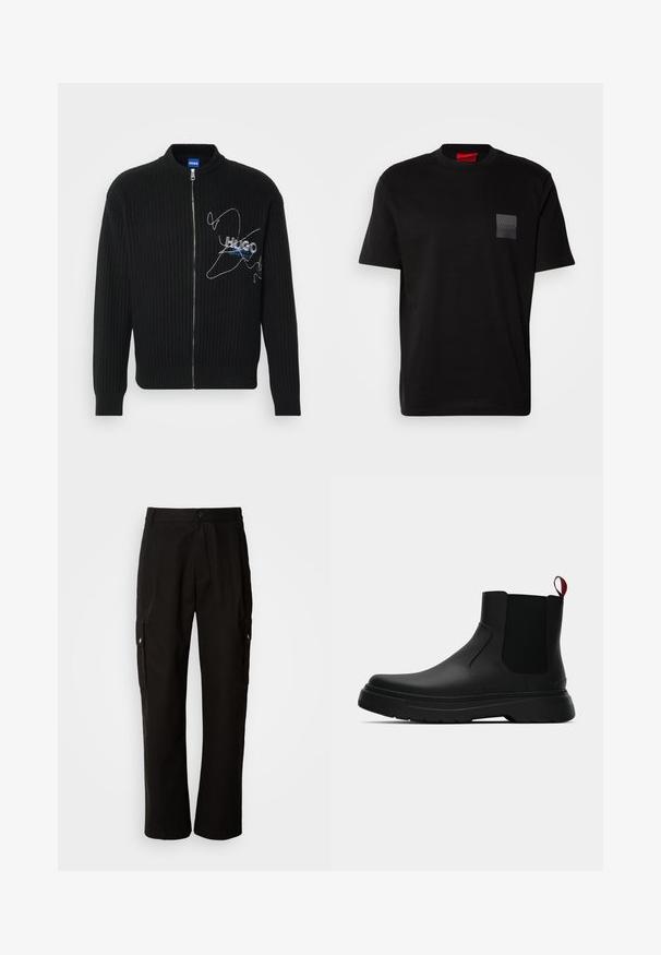 Černý pletený svetr s vysokým límcem, plným zipem, žebrovanou texturou a vyšitým stříbrným logem HUGO na levé hrudi.; Černé bavlněné tričko s kulatým výstřihem, na přední části s texturovaným černým nášivkem loga na levé hrudi. Krátké rukávy a volný střih.; Černé cargo kalhoty vyrobené z bavlny s uvolněným střihem, vybavené bočními kapsami, zapínáním na knoflík a rovnými nohavicemi. Jednoduchý design bez vzorů.; Černé kotníkové boty s hladkým povrchem, elastickými bočními panely a kontrastním červeným poutkem, s tlustou gumovou podrážkou a zaoblenou špičkou.