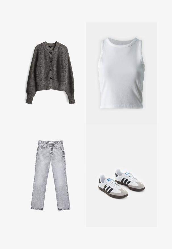 Cardigan grigio scuroknit con colletto rotondo, maniche lunghe a sbuffo e bottoni neri. Presenta un tessuto testurizzato e orlo a coste.; Top a canotta bianco a coste con scollatura rotonda e senza maniche, caratterizzato da un orlo dritto e una texture liscia e elastica.; Jeans in denim grigio con taglio dritto, dettagli sfilacciati, cinque tasche e rivetti in rame. La cintura presenta un'etichetta con il logo.; Scarpe sportive con tomaia in pelle bianca, punta in suede grigia e tre strisce nere. Presentano un logo blu sulla linguetta e una suola in gomma testurizzata.