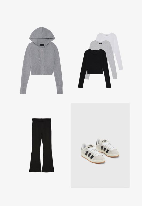 Haut de sweatshirt gris à zip, coupé et en matière tricot douce. Il présente une capuche, un ourlet et des poignets côtelés, avec un détail de fermeture éclair en argent.; Trois hauts à manches longues empilés : noir, gris et blanc. Chacun a un col rond et un design court avec un tissu lisse et léger.; Leggings évasés noirs en tissu extensible. Présentent une taille large et une texture lisse, avec une coupe ajustée qui s'évasent au bas.; Baskets en suède gris avec des lacets blancs, des rayures noires et une semelle en caoutchouc blanc. Présentent un logo circulaire sur la languette et une semelle en gomme.