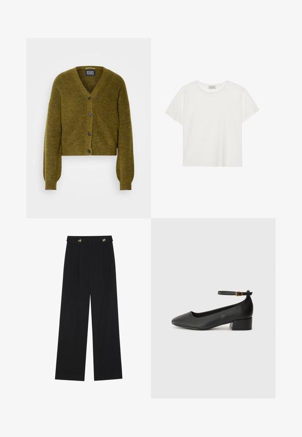Olivengrøn strikket cardigan med V-hals, lange ærmer og fire sorte knapper foran.; Hvid kortærmet T-shirt lavet af blødt bomuld. Har en rund halsudskæring og en afslappet pasform. Rent design uden synlige mønstre eller accenter.; Sorte vide bukser med høj talje, knapdetaljer på taljebåndet og frontfald.; Sorte læderpumper med spids tå og en lav blokhæl. Har en ankelrem med en guldfarvet spænde. Glat tekstur.