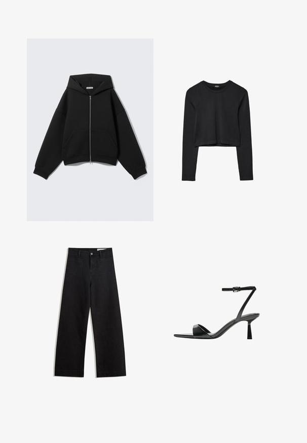 Czarna krótka bluza z kapturem na zamek, dużymi kieszeniami, grubym materiałem oraz kapturem ze sznurkiem. Posiada ściągacze na mankietach i na dole.; Czarny krótki top z długim rękawem, okrągłym dekoltem, gładkim wzorem i lekko zaokrąglonym dołem.; Czarne dżinsowe spodnie o szerokich nogawkach i wysokim stanie, z przednimi i tylnymi kieszeniami, przeszyciami oraz zapięciem na guziki. Gładka struktura.; Bershka - Sandały na obcasie
