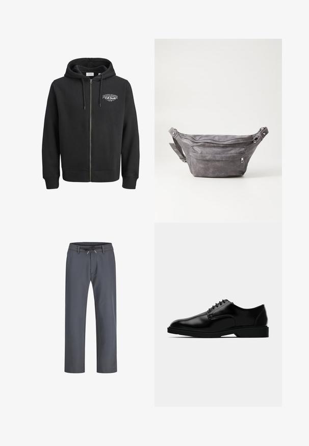 Black zip-up hoodie made of soft cotton blend fabric. Features a kangaroo pocket and a logo on the left chest area.; Black button-up shirt made of smooth fabric, featuring a classic collar, two front pockets, and long sleeves with button cuffs.; Gray, elastic waistband pants with a drawstring. Straight leg design, made from smooth fabric, feature minimal stitching and no visible hardware.; Black leather dress shoe with a smooth finish, rounded toe, lace-up design, and understated rubber sole for traction.; Gray suede fanny pack with a rounded shape, two zippered compartments, and adjustable strap. Features metal hardware accents.