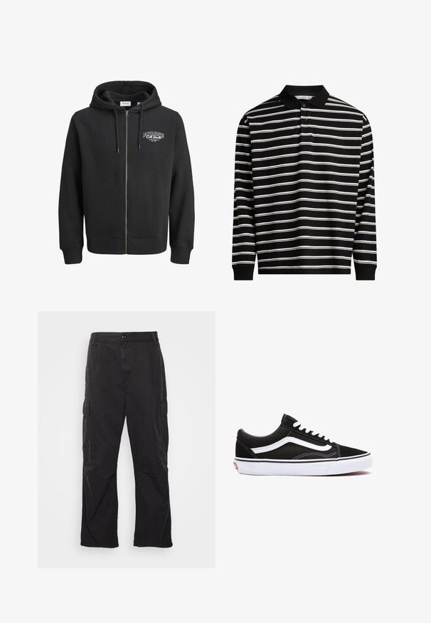 Felpa nera con zip realizzata in morbido tessuto misto cotone. Presenta una tasca a marsupio e un logo sulla parte sinistra del petto.; Polo a maniche lunghe realizzato in tessuto nero con righe orizzontali bianche, dotato di colletto e patta con tre bottoni.; Pantaloni cargo neri con design a gamba dritta, dotati di due tasche laterali, chiusura con bottone e un tessuto testurizzato.; Sneaker nera in tela con accenti bianchi, caratterizzata da punta arrotondata, design con lacci e suola in gomma. Logo laterale e dettagli di cucitura visibili.