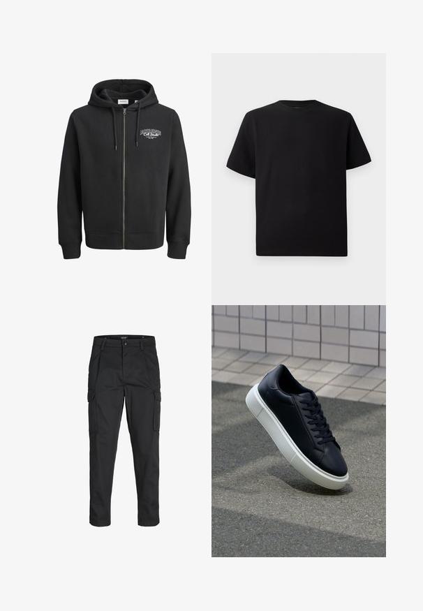 Black zip-up hoodie made of soft cotton blend fabric. Features a kangaroo pocket and a logo on the left chest area.; Black short-sleeve T-shirt made of textured fabric, featuring a round neckline and a relaxed fit. Simple, no patterns or accents.; Black cargo pants made of sturdy fabric, featuring multiple pockets, a button closure, and a slim fit design with tapered legs.; Black leather sneaker with rounded toe and white rubber sole. Features flat laces and minimal stitching on the upper. Textured sole for grip.