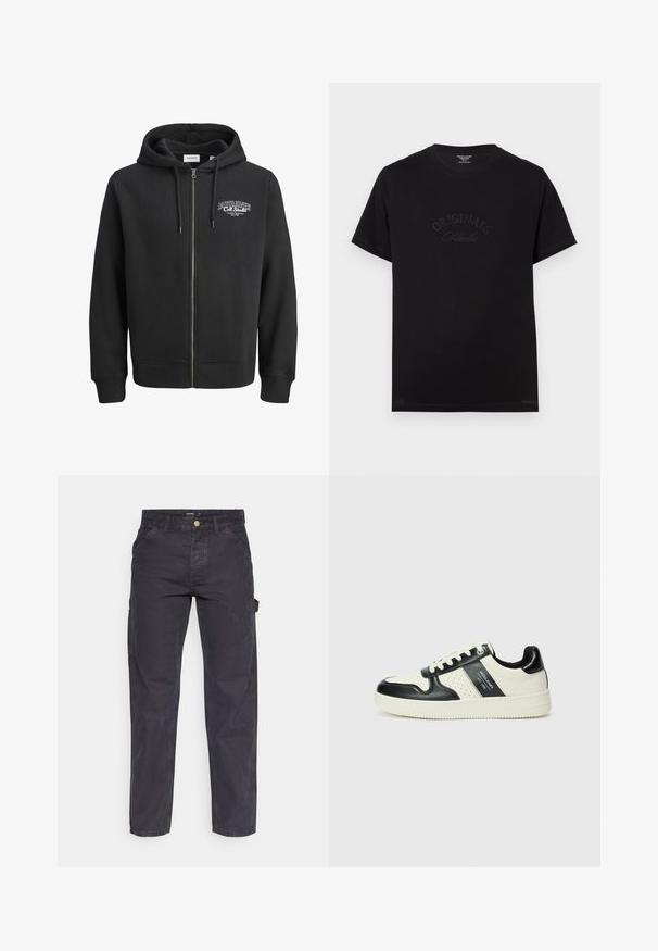 Zwarte rits-houthoodie gemaakt van zachte katoenmix stof. Heeft een buidelzak en een logo op de linkerborst.; Zwarte katoenen t-shirt met korte mouwen en een ronde hals. Kenmerkt zich door "ORIGINALS Studio" in ton-sur-ton letters op de voorkant.; Donkergrijze cargobroek van duurzaam materiaal, met een rechte pijp, vijf zakken en een knoopsluiting in de taille.; Leren sneakers met een zwart en crèmekleurig kleurenschema, voorzien van geperforeerde accenten, een gevoerde kraag en een gestructureerde buitenzool.