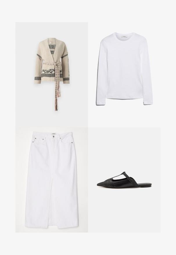 Cardigan en tricot beige avec des motifs géométriques noirs, à l'avant ouvert, à manches longues, ceinture ajustable et ourlet en maille texturée.; T-shirt blanc à manches longues en coton côtelé, avec un col rond et un ourlet droit. Design simple sans motifs ni accents.; Jupe en denim blanc dotée d'une fente à l'avant, d'un design à cinq poches, d'une fermeture à bouton et à zip en métal, ainsi que de détails de couture en bas.; Chaussure en cuir noir à talon ouvert avec un bout pointu, présentant un accent tressé et un design supérieur plissé. Semelle plate avec un matériel minimal.