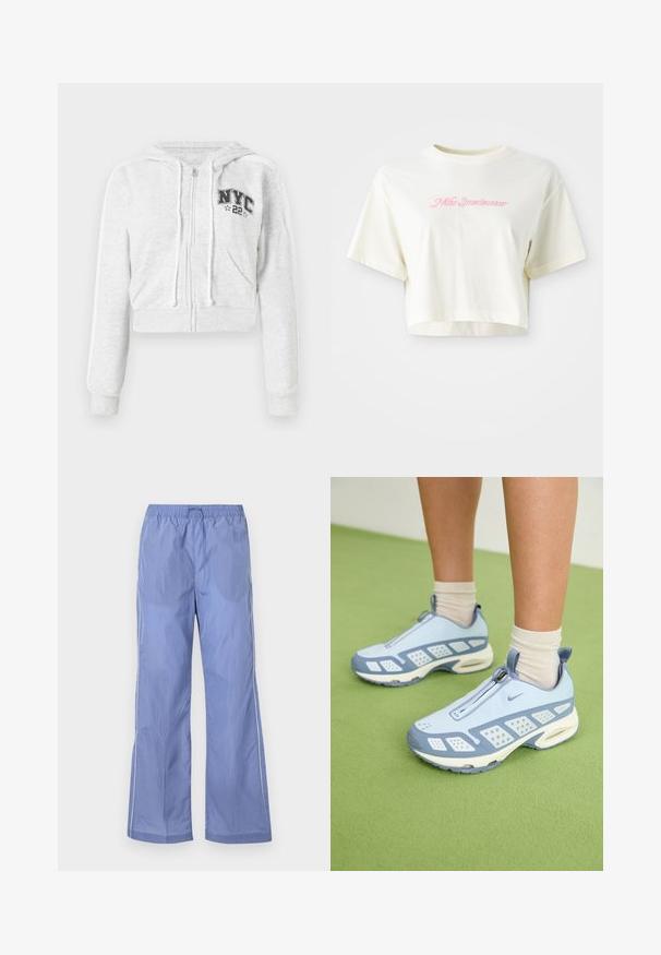Kuttet grå hettegenser med frontglidelås, snor, NYC-grafikk og ribbede mansjetter. mykt stoff med en jevn tekstur og kontrasterende sidestriper.; Beskåret kremfarget t-skjorte laget av bomull. Har en rosa brodert logo med teksten "Nike Sportswear." Korte ermer og rund hals.; Lette blå bukser med elastisk midjebånd, med løs passform og sidelister. Laget av glatt og slitesterk materiale.; Lyseblå treningssko med hvite detaljer, strukturerte paneler og glidelås. Har en synlig luftputesåle og gummisåle.