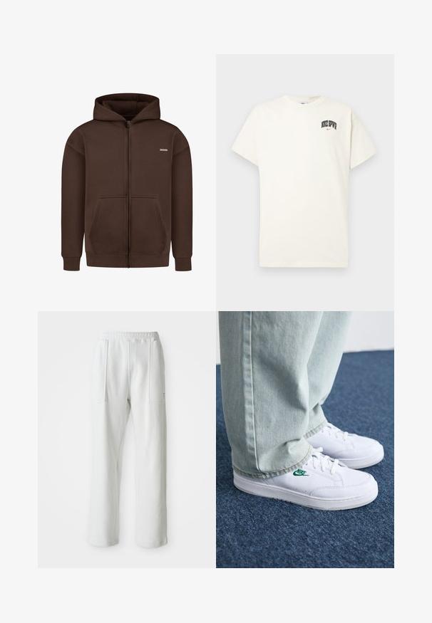 Felpa con zip intera di colore marrone scuro, con tasche a marsupio frontali, polsini e orlo a costine, e una piccola etichetta rettangolare del marchio sul petto.; T-shirt in cotone color crema con maniche corte, con la scritta "NIKE SB" in nero e rosso sul petto. Collo tondo standard.; Pantaloni bianchi casual con vita elastica e grandi tasche frontali, esposti su uno sfondo chiaro e semplice.; Sneakers in pelle bianca con logo Nike verde, punta rotonda, suola piatta, abbinati a pantaloni in denim azzurro, mostrati su un tappeto blu.