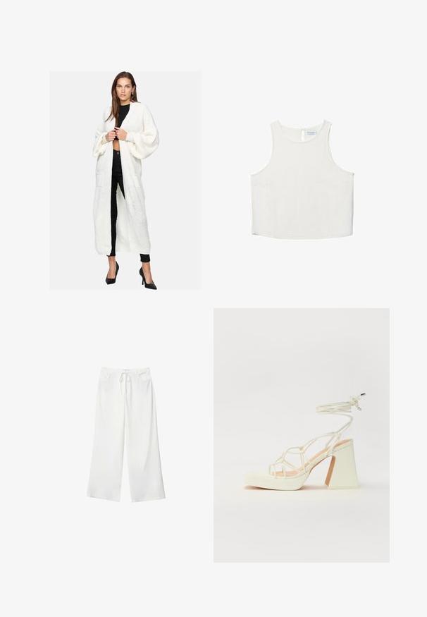Langer, weißer Strickcardigan mit lockeren Ballonärmeln, zwei vorderen Tascheneingängen, offener Vorderseite und strukturiertem Muster. Kombiniert mit schwarzer Kleidung.; Weißes ärmelloses Oberteil mit rundem Halsausschnitt, das über eine subtile Textur, ein Schlüsselaugen-Rückendetail und einen geraden Saum verfügt.; Weiße, weite Hosen aus weichem Stoff, mit einem Kordelzug in der Taille und zwei vorderen Taschen. Glatte Textur und keine sichtbaren Muster.; Weiße High-Heel-Sandale mit einem klobigen Absatz, die über ein Riemchendesign und ein Knöchelband verfügt. Glatte Textur mit einer Plattform vorne für zusätzliche Höhe.