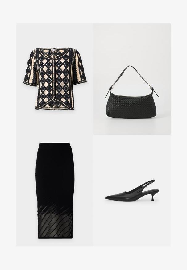Kratší svetr s krátkým rukávem v černobílé vzorované kombinaci s geometrickým krajkovým designem, zapínáním na knoflíky a dekoračními detaily.; Černá průhledná tílko s tenkými ramínky, zdobené květinovými perlovými akcenty a předním zavazováním. Lehké a texturované tkaniny.; Černá sukně s kanálkovou texturou, s průhledným spodním dílem a horizontálními pruhy. Design je přiléhavý a sahá až k polovině lýtek.; Černá kožená nazouvací bota se špičatou špičkou a štíhlým zakřiveným podpatkem. Obsahuje diskrétní nastavitelný pásek s kovovou sponou.; Černá tkaná taška přes rameno s hladkým koženým popruhem a uzavíráním na zip. Dispozice obsahuje texturovaný povrch a zakřivený tvar.