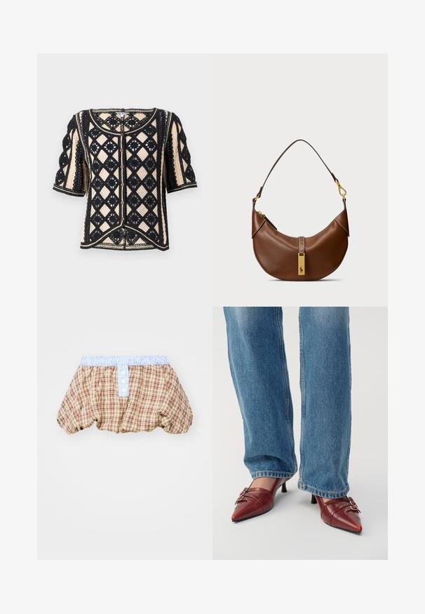 Melna un krēmkrāsas rakstainā īsām piedurknēm kardigāns ar ģeometrisku mežģīņu dizainu, pogu aizdari un dekoratīviem apdariem.; Pārbaudīta bezsiksnu virsotne gaiši bēšā krāsā ar sarkanu un zaļu raibu rakstu. Iebūvēti četri priekšējie pogas un divas krūšu kabatas.; Brūni, bēgi un sarkani raibie puffētie šorti ar gaiši zilu svītrotu jostu un pogu detaļām priekšpusē.; Sarkani ādas kurpes ar norādītu pirkstu un mazu papēdi, ar horizontālo dūrienu un divām sudraba sprādzēm, valkājamās ar ziliem džinsiem.; Bēšs ādas plecu soma ar izliektu formu, zelta aparatūru, augšējo aizdari un logotipa akcentu. Gluda faktūra ar šušu malām.