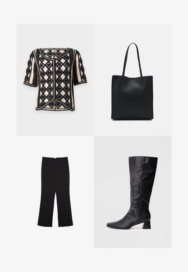 Cardigan à manches courtes noir et crème à motif, avec un design en dentelle géométrique, fermeture à boutons et détails de finition décoratifs.; Top sans manches noir en tissu lisse, avec un col rond et une coupe ajustée, sans motifs ni ornements apparents.; Pantalon noir avec une coupe droite, doté de poches avant et d'éclairs sur l'ourlet. Fabriqué en tissu doux et lisse. Convient à diverses occasions.; Botte en cuir noire mi-mollet avec un bout pointu et un talon bloc sur fond clair.; Sac fourre-tout en cuir noir avec une texture lisse, de forme rectangulaire et deux longues poignées. Pas de matériel ou d'ornementations visibles.