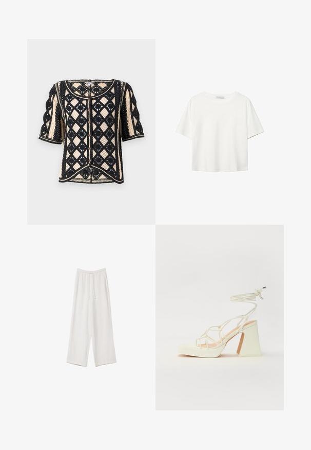 Kratka kardigan s kratkimi rokavi v črno-kremni barvi s geometrijskim čipkastim vzorcem, gumbnim zapiranjem in dekorativnimi detajli obrob.; Bela kratka majica s kratkimi rokavi iz bombaža. Ima okroglo izrezovanje in sproščen kroj. Gladka tekstura brez vidnih vzorcev ali poudarkov.; Bele široke hlače iz lahkega materiala. Imajo elastičen pas s vrvico in stranske žepe. Gladka tekstura.; Bela sandala na visokih petah s debelim petam, ki ima obliko trakcev in vezanje okoli gležnja. Gladka tekstura z platformo spredaj za dodatno višino.