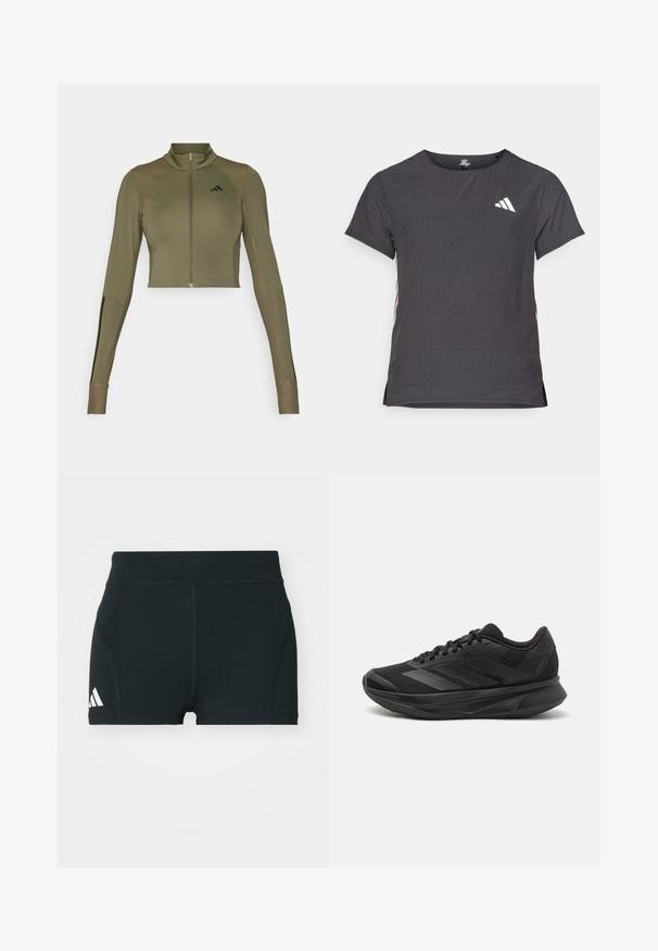 Olive green cropped athletic jacket with a high collar, full zipper, ribbed shoulder details, and black accent stripes on the sleeves.; Short-sleeve athletic t-shirt, dark gray with perforated texture. Features a white logo and contrasting side stripes. Rounded neckline.; Black athletic shorts made of stretchy fabric, featuring a high waistband, fitted shape, and white Adidas logo on the left side.; Black running shoe with a breathable mesh upper, rounded toe, sleek design, textured accents, and a cushioned sole for comfort.