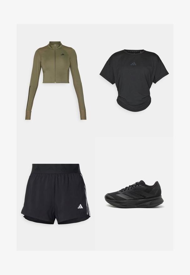 Olivgrön kort träningsjacka med hög krage, hel dragkedja, ribbade axeldetaljer och svarta accentlinjer på ärmarna.; Svart idrottströja med korta ärmar, rund halsringning och en något samlad fåll. Har en subtil mörk logotyp på bröstet.; Svarta sportshorts med elastisk midja, som har en texturerad rem, sidostråk och en vit Adidas-logotyp på den nedre fållen.; Svart löparskor med ett andningsbart mesh-övre, rund tå, elegant design, texturerade accenter och en dämpad sula för komfort.