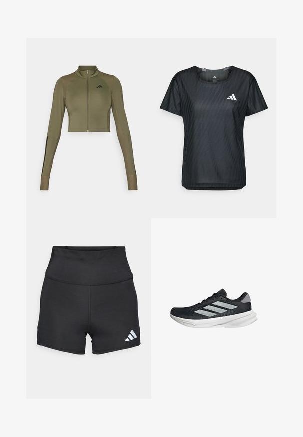 Olivgrüne, taillierte Sportjacke mit hohem Kragen, durchgehendem Reißverschluss, gerippten Schulterdetails und schwarzen Akzentstreifen an den Ärmeln.; Schwarzes sportliches T-Shirt mit Rundhalsausschnitt, kurzen Ärmeln und einem strukturierten Stoff mit einem dezenten Muster. Mit einem weißen Logo auf der Vorderseite.; adidas Performance Tights - black; Schwarzer Laufschuh mit Mesh-Obermaterial, drei silbernen Streifen, weißer Zwischensohle und strukturiertem Außensohle. Verfügt über einen gepolsterten Schaft und eine Schnürung.