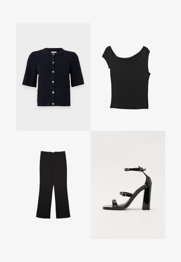 Cardigan corto a maniche corte di colore blu navy realizzato in un tessuto a maglia testurizzato, con scollatura rotonda, bottoni frontali e due tasche.; Top nero a maniche corte realizzato in tessuto liscio; presenta un colletto drappeggiato e un orlo asimmetrico, con una vestibilità aderente.; Pantaloni neri a gamba dritta, con tasche frontali e spacchi laterali all'orlo. Realizzati in tessuto morbido e liscio. Adatti a diverse occasioni.; Sandali con tacco in vernice nera, con punta squadrata, cinturini alla caviglia e fibbie in argento. Presentano un tacco a blocco spesso per maggiore stabilità.