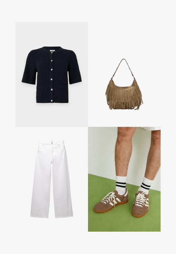 Cardigan scurt cu mânecă scurtă, de culoare albastru marin, realizat dintr-un material tricotat texturat, având un gât rotund, butoane la față și două buzunare.; Body maro cu bretele ajustabile și un detaliu din dantelă la decolteul adânc în formă de V. Textură netedă, design ajustat și picioare tăiate înalte.; Jeans albe cu croi larg, confectionate din denim. Prezintă închidere cu nasture, buzunare frontale și posterioare, și cusături evidente. Textură netedă cu detalii minime.; Adidași maro din suede cu accente și șireturi albe. Talpă din cauciuc de culoare caramel. Purtați cu șosete albe cu dungi negre. Pardoseală verde texturată.; Geantă de umăr din nubuc maro, cu detalii lungi din franjuri, de formă curbată și cu un singur mâner. Prezintă o suprafață netedă, texturată.