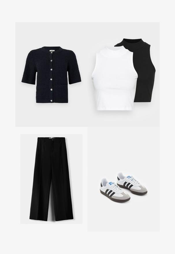 Námořnická modrá kardigán s krátkým rukávem z texturovaného pleteného materiálu, s kulatým výstřihem, předními knoflíky a dvěma kapsami.; Dvě bezrukávové halenky s ribovým stojáčkem v černé a bílé barvě, které mají přiléhavý střih a hladkou texturu, s krácenou délkou.; Černé široké kalhoty z lehkého materiálu s předním zapínáním na knoflík a hladkým předním dílem, s pečlivě přišitými lemy.; Sportovní boty s bílým koženým svrškem, šedou semišovou špičkou a třemi černými pruhy. Obsahují modré logo na jazyku a texturovanou gumovou podrážku.