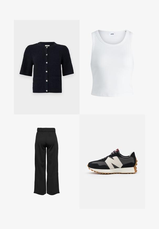 Navy blue short-sleeve cardigan made of textured knit fabric, featuring a round neckline, front buttons, and two pockets.; White ribbed tank top featuring a round neckline, sleeveless design, and a cropped length. Label reads "JJXX." Smooth fabric texture.; Black, wide-leg pants with an elastic waistband, made from smooth fabric. Features a clean design with no pockets or visible stitching details.; Black and gray suede sneaker with a large cream-colored "N" logo, purple laces, and a textured gum rubber outsole.