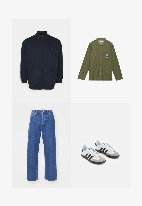 Mørkeblå zip-up sweatshirt med høj krave, frontlommer, ribbede manchetter og et lille logo på brystet. Blød stofstruktur.; Olivenfarvet corduroy skjorte med lange ærmer, knaplukning, to brystlommer og et bjergmotiv patch på den venstre lomme.; Blå denimjeans med lige ben, med knap- og lynlåslukning, fem-lomme stil og minimale syninger.; Sportsko med en overdel i hvid læder, grå ruskind på tåen og tre sorte striber. Har et blåt logo på tungen og en struktureret gummisål.