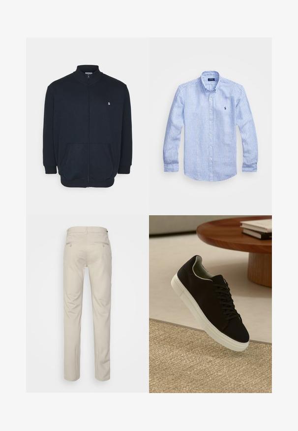 Tamno plavi dukserica sa zipom, visokim okovratnikom, prednjim dzepovima, rebrastim manžetama i malim logom na grudima. Mekana tkanina.; Plava i bijela prugasta košulja dugih rukava od pamuka, s ovratnikom na dugmad, prednjim dugmadi i malim izvezenim logom na prsima.; Bež hlače s glatkom teksturom, ravnog kroja, dva stražnja džepa s gumbima i standardnim pojasom.; Crna tenisica s bijelim potplatom koja lebdi iznad bež teksturiranog tepiha pored okruglog drvenog stola sa složenim knjigama.