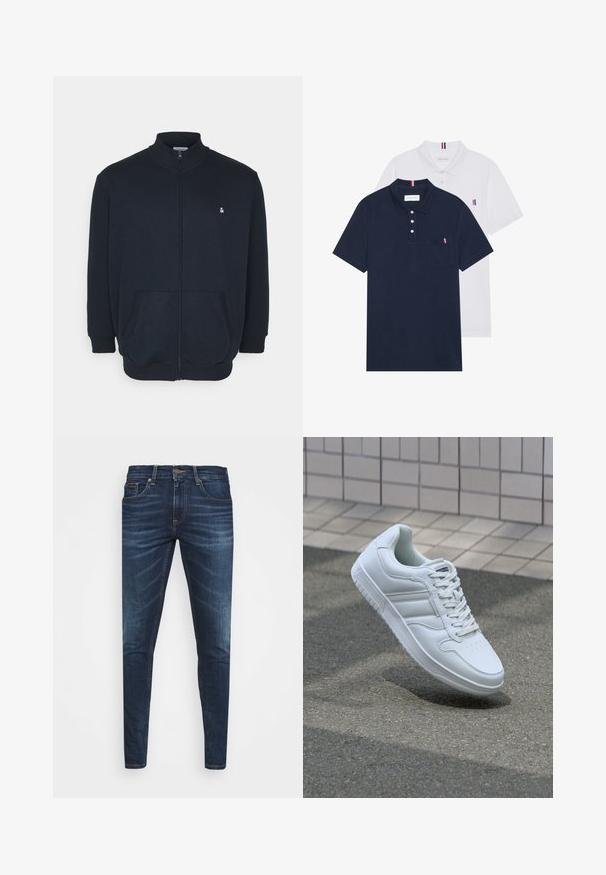 Sweatshirt azul-marinho com fecho éclair, gola alta, bolsos frontais, punhos canelados e um pequeno logotipo no peito. Textura de tecido suave.; Duas camisetas polo: uma azul-marinho e uma branca, ambas com um pequeno detalhe em vermelho, branco e azul no bolso do peito e na gola.; Jeans de ganga azul escura com um corte slim, desbotamento suave, cinco bolsos e fecho com botão de metal. Detalhes costurados em cor contrastante.; Sapatilha desportiva branca com parte superior em couro liso, frente com atacadores, bico perfurado e sola padronizada. Design minimalista com três riscas laterais.