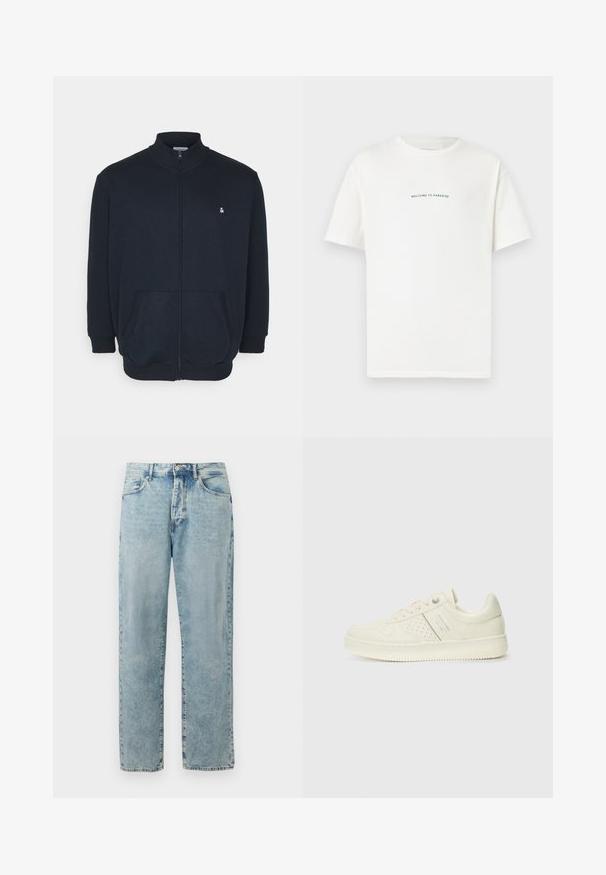 Mørkeblå zip-up sweatshirt med høj krave, frontlommer, ribbede manchetter og et lille logo på brystet. Blød stofstruktur.; Hvid bomulds t-shirt med korte ærmer og rund hals. Centreret tekst med teksten "VELKOMMEN TIL PARADIS" i en buet grøn skrifttype.; Lyseblå lige denimbukser med knap- og lynlås-lukning, forlommer og diskret falmet detaljering.; Cremefarvet sneaker med perforeret detaljering, snørebånd og logo på siden, præsenteret mod en simpel hvid baggrund.