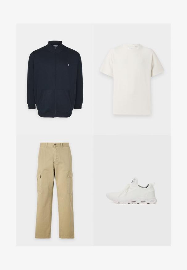 Mørkeblå zip-up sweatshirt med høj krave, frontlommer, ribbede manchetter og et lille logo på brystet. Blød stofstruktur.; Hvid kortærmet T-shirt i ribbet tekstur. Rund halsudskæring, løs pasform, ingen synlige mønstre eller accenter. Enkel og alsidig design.; Beige cargo bukser lavet af bomuld, med to sidelommer, knaplukning og lige ben i et let tekstureret stof.; Hvide atletiske sko med en tekstureret strikket overdel, flade snørebånd og en polstret sål med synlige luftkamre for ekstra støtte.