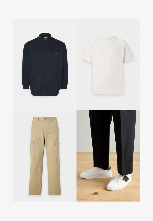 Sweatshirt zippé bleu marine avec un col haut, des poches frontales, des poignets côtelés et un petit logo sur la poitrine. Tissu doux.; T-shirt blanc à manches courtes en texture côtelée. Encolure ronde, coupe décontractée, sans motifs ni accents visibles. Design simple et polyvalent.; Pantalons cargo beiges en coton, dotés de deux poches latérales, d'une fermeture à bouton et de jambes droites avec un tissu légèrement texturé.; Des sneakers blanches au texture lisse, avec des accents en cuir marron et des détails noirs, assorties à un pantalon noir ajusté. Fond en parquet.