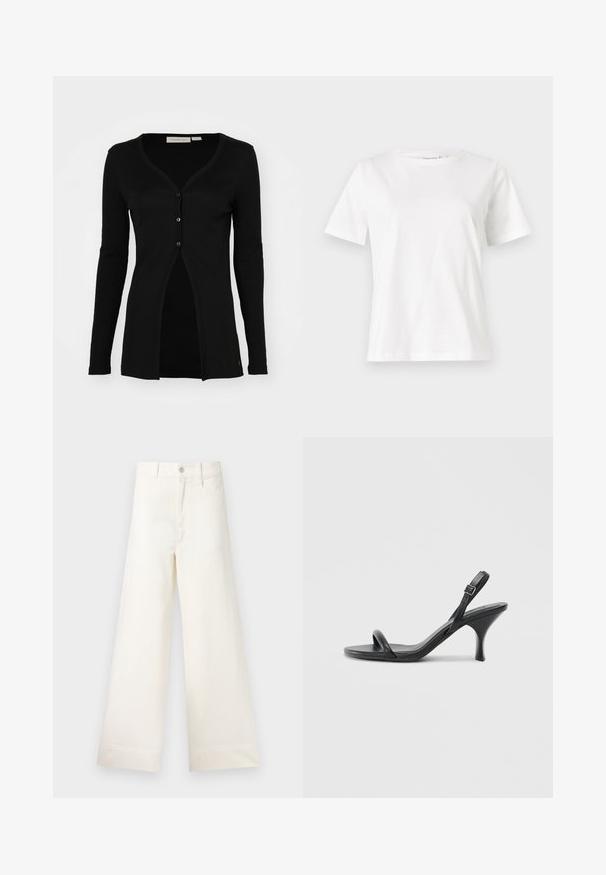 Svart kofta med långa ärmar, V-ringning, ribbad textur och fem knappar. Har en rak skärning och en delad framdesign.; Vit bomullströja med korta ärmar, rund halsringning och en avslappnad passform. Slät textur, inga mönster eller detaljer, minimalistisk design.; Videbeniga byxor i ljusbeige bomull. Funktioner inkluderar hög midja, framfickor och rak skärning. Rena avslutningar utan mönster.; Svarta läder högklackade sandaler med en smal, böjd klack och ett korsat remdesign. Justerbar ankelrem. Slät textur.