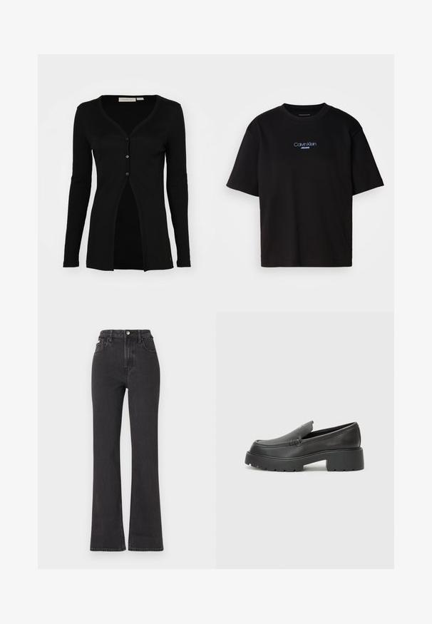 Black cardigan with long sleeves, V-neck, ribbed texture, and five button closures. Features a straight cut and a split front design.; Black cotton t-shirt with a round neck, short sleeves, and blue embroidered "Calvin Klein JEANS" logo on the front.; Black high-waisted flared jeans made of denim, featuring a button closure, belt loops, and side pockets. Smooth texture with minimal fading.; Black leather loafers with a rounded toe, thick textured sole, and minimal stitching details. Sleek design with no visible laces or hardware.