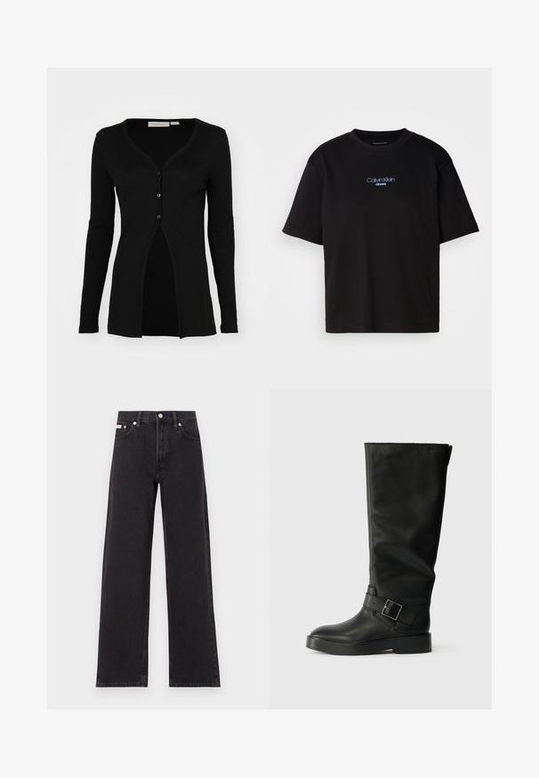 Black cardigan with long sleeves, V-neck, ribbed texture, and five button closures. Features a straight cut and a split front design.; Black cotton t-shirt with a round neck, short sleeves, and blue embroidered "Calvin Klein JEANS" logo on the front.; Black wide-leg jeans made of denim, featuring a high-rise waist, five-pocket styling, and a metal button closure with contrasting stitching.; Black knee-high boots made of smooth leather, featuring a rounded toe, a thick sole, and a horizontal strap with a rectangular buckle detail.