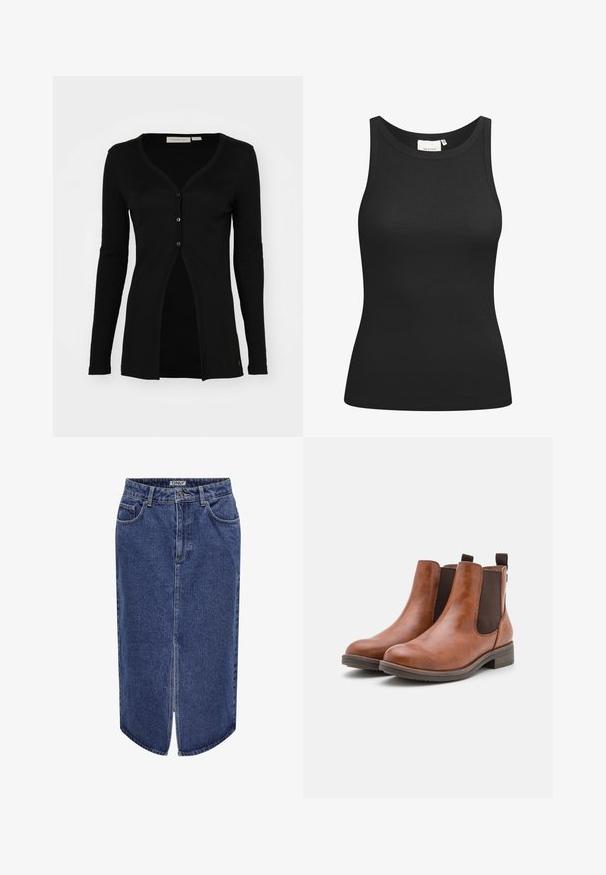 Fekete kardigán hosszú ujjal, V-nyakkivágással, bordázott textúrával és öt gombos záródással. Egyenes szabású és hasított elülső dizájnnal rendelkezik.; Fekete trikó bordázott anyagból, kerek nyakkivágással és testhezálló fazonnal. Lapos varrások és díszítés nélküli. Egyszerű és letisztult dizájn.; Sötétkék mosású, középhosszú denim szoknya, elöl hasítékkal és klasszikus ötpocket dizájnnal, gombos és cipzáras záródással.; Barna bőr bokacsizma rugalmas oldalpanellel, kerek orral és alacsony fából készült sarokkal. Egy hurokfül segíti a könnyű felhúzást.
