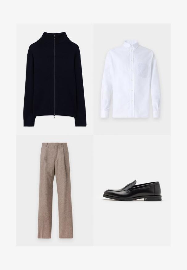 Marinblå ribbad tröja med lång ärm, hög krage och dragkedja i silver på framsidan, liggandes platt på en vit bakgrund.; Vit långärmad skjorta med knappar, tillverkad av bomull, med en bröstficka med ton-i-ton broderi, krage och knappmanchetter.; Bruna, högmidjade byxor i texturerat tyg. Har vida ben och två framvikningar för struktur. Välavslutad utan synlig hårdvara.; Svarta läderloafers med en slät yta, rund tå och ett dekorativt band över främre delen. Låg staplad klack, minimalistisk design.