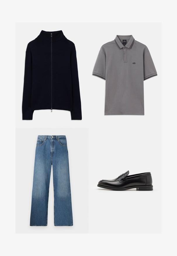 Námornícky modrý rebrovaný pletený sveter s dlhými rukávmi, vysokým golierom a plným predným strieborným zipsom, položený na bielom pozadí.; Šedé polo tričko s krátkym rukávom a čiernymi detailmi na golieri a rukávoch, s gombíkmi na sprístupnenie, a malým čiernym logom A|X na ľavej hrudi.; Džíny s širokými nohavicami v modrej denimovej farbe ponúkajú klasický dizajn s piatimi vreckami, predným zapínaním na gombík a miernym osvetlením pre textúru.; Čierne kožené mokasíny s hladkou textúrou, zaoblenou špičkou a dekoračným pásikom cez priehlavok. Nízky vrstvený opätok, minimalistický dizajn.