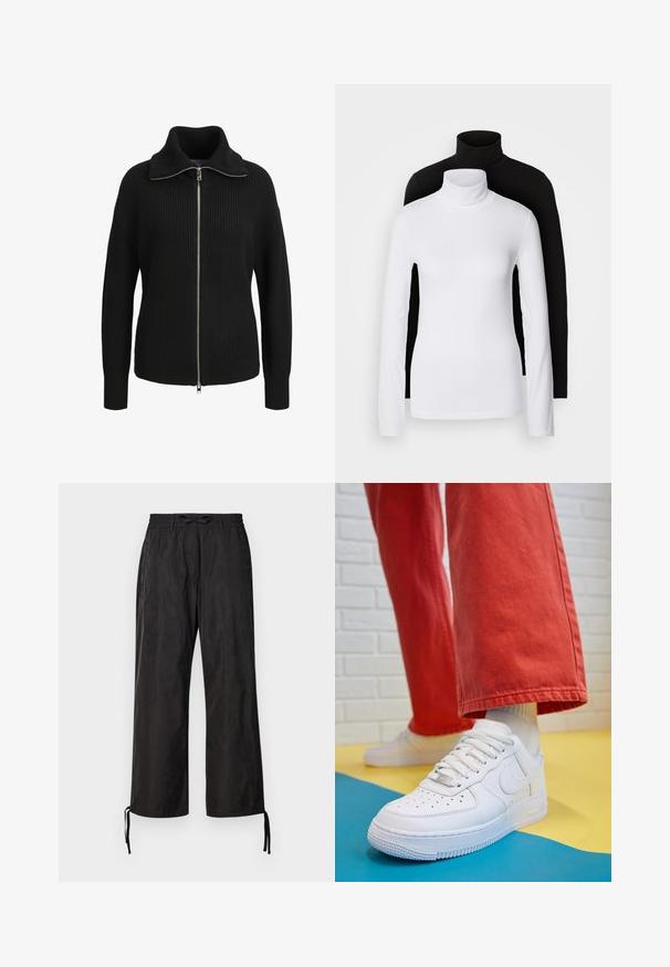 Fekete kötött pulóver magas gallérral, teljes hosszúságú cipzárral, bordás textúrával és illeszkedő mandzsettákkal. Strapabíró dizájnnal és modern sziluettel rendelkezik.; Két hosszú ujjú garbó felső, az egyik fehér, a másik fekete, sima, rugalmas anyagból készült, mindkettő karcsú szabású és magas nyakú.; Fekete, bő szárú nadrág rugalmas derékkal és állítható húzózsinórokkal a bokán. Simogatós anyag, enyhe fényes hatással.; Fehér bőr edzőcipő perforált orral, texturált talppal és fehér fűzővel, széles vörös nadrággal párosítva, kék és sárga háttérrel.