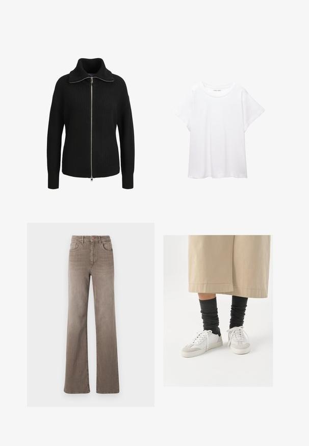 Fekete kötött pulóver magas gallérral, teljes hosszúságú cipzárral, bordás textúrával és illeszkedő mandzsettákkal. Strapabíró dizájnnal és modern sziluettel rendelkezik.; Fehér póló, puha, könnyű anyagból készült. Kerek nyakú, rövid, széles ujjaival és laza szabásával rendelkezik. Nincsenek látható minták.; Barna, magas derekú, egyenes szárú farmernadrág elülső gombbal, övhurkokkal és klasszikus öt zsebes kialakítással, fehér háttér előtt.; Fehér és szürke sportcipők fekete sarokrésszel, sima bőr felsőrésszel és texturált velúr orrral. Sötétszürke, laza zoknikkal viselve.