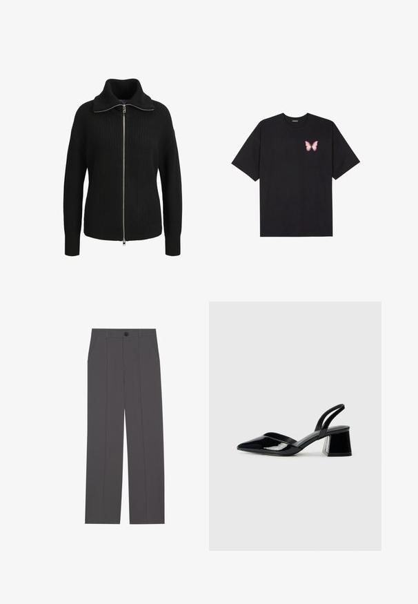 Juodas megztinis su aukštu apykakle, pilnu užtrauktuku, grioveliais ir prigludusiomis rankovėmis. Turi struktūrizuotą dizainą ir modernią siluetą.; Juodas medvilnės marškinėliai trumpomis rankovėmis, su maža rožine drugelio grafika kairėje krūtinės pusėje. Apvalus kaklo iškirpimas, laisvas kirpimas.; Pilkos kelnės su tiesaus kirpimo dizainu, turinčios dvi šonines kišenes ir mygtuko užsegimą. Lygus audinys be matomų raštų ar akcentų.; Juodos lakuotos odinės šlepetės su smailiu pirštu ir geometriniu bloko kulnu. Turi elegantišką, minimalistinį dizainą ir lygų paviršių.