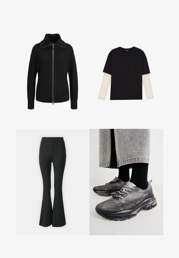 Sweater de malha preto com gola alta, fecho de correr completo, textura canelada e punhos ajustados. Apresenta um design estruturado e uma silhueta moderna.; T-shirt preta de algodão, com mangas curtas sobre uma camada de mangas longas branca com um padrão texturizado subtil. Design de decote redondo.; Calças pretas de boca de sino feitas de tecido elástico. Apresentam uma cintura alta e um design suave e ajustado que se alarga a partir do joelho para baixo.; Sapatilhas atléticas pretas e cinzentas apresentam um upper em malha, solas espessas e atacadores. Têm um bico arredondado e detalhes de amortecimento visíveis.