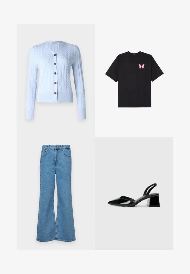 pure cashmere CLASSIC CABLE CARDIGAN - Adīta jaka - baby blue; Melna kokvilnas T-krekls ar īsām piedurknēm, kuram priekšā kreisajā pusē ir neliels rozā tauriņa grafiskais attēls. Ar apaļu kaklu un brīvā stila piegriezumu.; Gaiši zili, platā piegriezuma džinsi, kas izgatavoti no denima, ar augstu jostasvietu, piecām kabatām un vienu pogu. Mīksta tekstūra ar nolietotu apdari.; Melna lakota āda ar atvērto papēdi, ar smailu purngalu un ģeometrisku blokpapēdi. Iezīmējas elegants, minimāls dizains un gluda tekstūra.