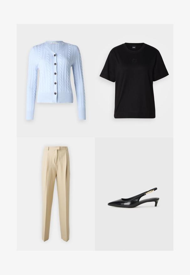 pure cashmere CLASSIC CABLE CARDIGAN - Casaco de malha - baby blue; T-shirt de algodão preto com decote redondo, mangas curtas e um logótipo bordado no peito. Corte simples e descontraído, sem padrões.; Calças beje ajustadas com corte reto, apresentando pregas, uma cintura e uma textura suave. Sem bolsos visíveis ou adornos.; Saltos slingback em couro preto com bico fino, apresentando um salto esguio e um detalhe em tom dourado na alça ajustável. Textura suave.