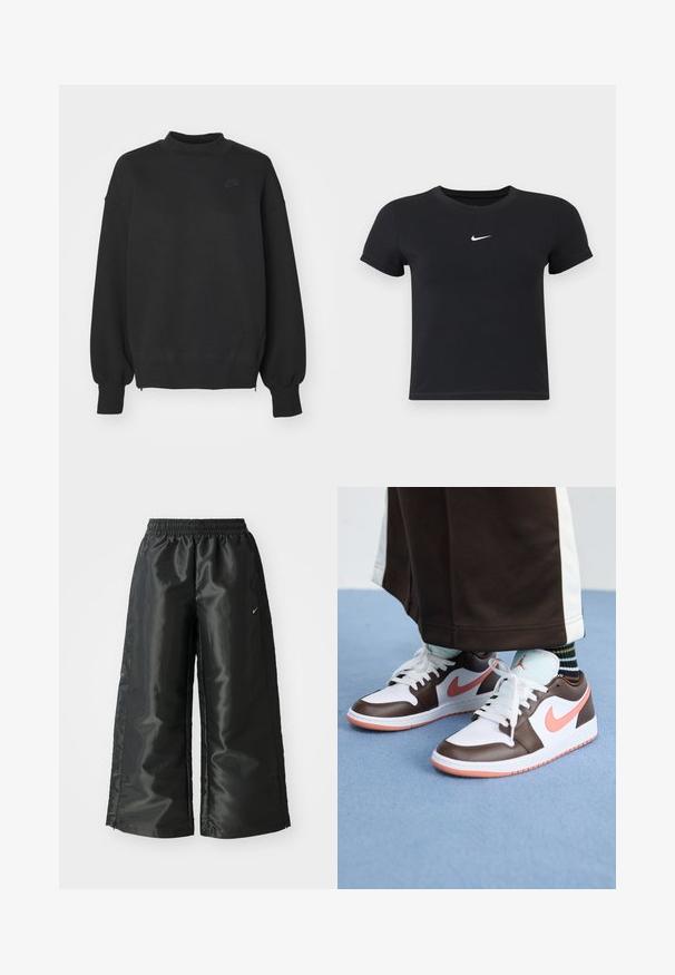 Nike Sportswear SPORTSWEAR TECH FLEECE - Camisola - black; T-shirt preta de manga curta feita de algodão, com decote redondo. Apresenta um logótipo branco da Nike no peito, design minimalista e corte ajustado.; Calças atléticas pretas com um tecido brilhante e suave, apresentando uma cintura elástica, pernas largas e um pequeno logotipo do lado esquerdo.; Sapatilhas Nike Air Jordan brancas e castanhas com acentos cor-de-rosa, apresentando um design de cano baixo, atacadores brancos e uma sola de borracha texturizada.