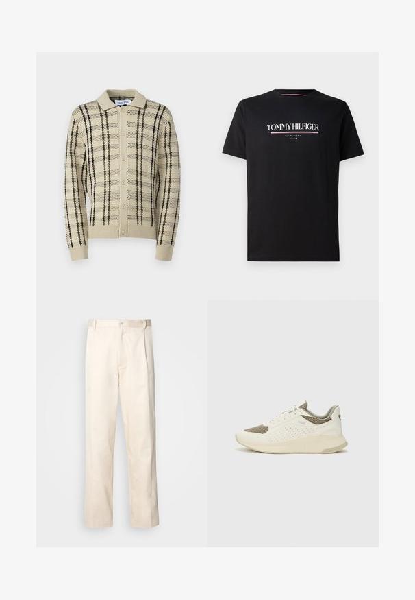 Bežs adīts kardigāns ar apkakles kakla izgriezumu, ar zaļām un melnām vertikālām svītrām un pogu aizdari. Rūpīgi izstrādāts dizains visā virsmā.; Melna kokvilnas t-kreklu ar baltu un krāsainu "TOMMY HILFIGER" logo, zem kura mazākā tekstā ir "NEW YORK" un "1985". Īsas piedurknes, apaļais kakls.; Bežā krāsā auduma bikses ar taisnu kāju griezumu, pievienotām pogu aizdares un priekšējiem krokām papildu detaļām.; Baltas un gaiši bež sporta apavi, ar sieta augšdaļu, perforētiem detaļām un teksturētu vidusdaļu ar zīmolu uz papēža.