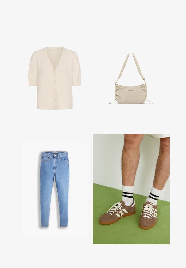 Kaffe MARINA - Strickjacke - sandshell cc; Weißes Baumwoll-T-Shirt mit kurzen Ärmeln, runder Halslinie und lockerer Passform. Keine sichtbaren Muster oder Logos. Glatte Textur.; Hellblaue, hoch-taillierte, schmale Jeans mit vorderen und hinteren Taschen, Knopfverschluss und Gürtelschlaufen auf weißem Hintergrund.; Braune Wildleder-Sneaker mit weißen Akzenten und Schnürsenkeln. Gummisohle in Kautschuk-Optik. Getragen mit weißen Socken, die schwarze Streifen haben. Grüner strukturierter Fußboden.; Beige Nylon Schultertasche mit einer weichen Textur, gerafften Seiten und verstellbarem Tragegurt. Verfügt über einen Reißverschlussverschluss und dezente Logo-Details.